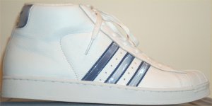 adidas Promodel high-top basketball shoe (white, shiny gray and blue stripes and trim)