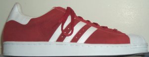adidas Superstar basketball sneaker, red suede with white stripes and trim