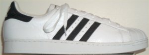 adidas Superstar basketball shoe, white with black stripes and trim