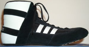 adidas Mondial wrestling shoe, black with white stripes and trim