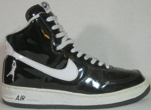 Nike Air Force I high-top, Rasheed Wallace version, black patent leather with white SWOOSH