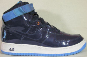 Nike Air Force I high-top, Rasheed Wallace version, dark blue patent leather with dark blue SWOOSH and lighter blue strap and outsole