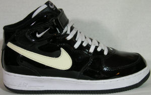Nike Air Force I mid-top, black patent leather with white SWOOSH