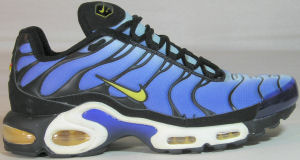 Nike Air Max Plus running shoe, blue with black and yellow trim