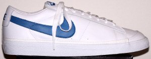 Nike Bruin low-top basketball shoe in white leather with blue SWOOSH