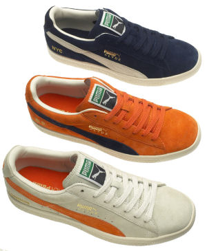 Puma Clyde: the first three 2005 colorways (blue suede with natural formstrip, orange suede with blue formstrip, light tan suede with orange formstrip)