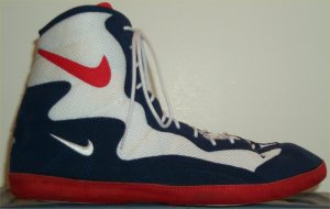 Nike Foot Sweep wrestling shoe: white, blue, and red