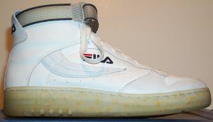 Fila FX-100 white high-top athletic shoe with an ankle strap