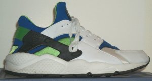 Nike Air Huarache running shoe, green and blue accents