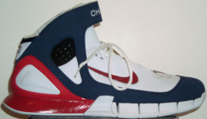 Nike Air Huarache 2004 iD basketball shoe, white with blue/black/red trim