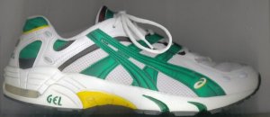 ASICS GEL-Kayano running shoe, white with green, yellow, and black trim