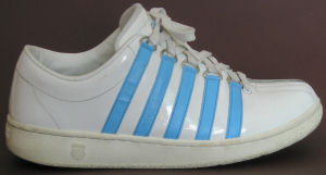 K-Swiss "Classic Luxury Edition" in white patent with Carolina blue stripes