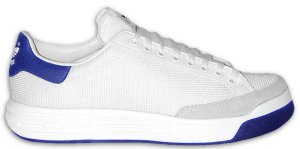 The adidas Rod Laver tennis shoe, with dark blue trim and outsole