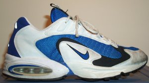Nike Air Max Triax running shoe, 1996 version; white, blue, and black
