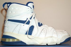 Nike Air Strong High basketball shoe, white with blue SWOOSH and trim