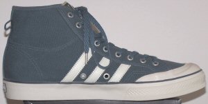 adidas Nizza high-tops in blue with white stripes and metal Buick Ventiports between the stripes