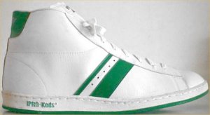 PRO-Keds two-stripe high-top in white leather with green stripes and green outsole