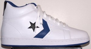 Converse Pro Leather high-top shoe; white with blue and black trim