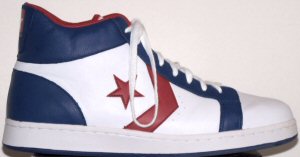 Converse Pro Leather high-top in white with blue and red trim