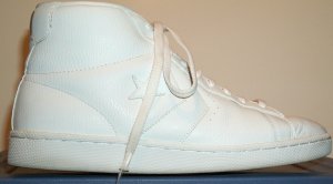 Converse Pro Leather high-top like those worn by Julius Erving when he played; white with white trim