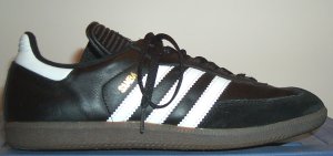 adidas Samba leather indoor soccer boot: black with white trim and stripes