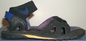 Nike Umpqua sport sandal, predominantly black with blue and yellow trim