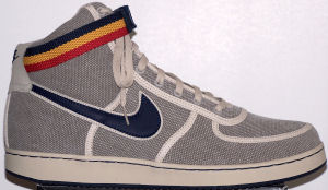 Nike Vandal high-top shoe: khaki with (blue and white) SWOOSH, (blue, yellow, and red) ankle strap
