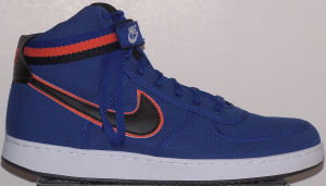 Nike Vandal high-top shoe: blue with black and orange SWOOSH and ankle strap