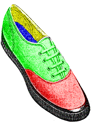 Drawing of an example sneaker with the visible parts color-coded; described in the text Drawing of an example sneaker with the visible parts color-coded; described in the text