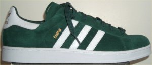 Green suede adidas Campus retro basketball shoe with white stripes