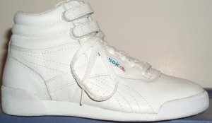 Reebok Freestyle white high-top aerobic shoe for gals, side view