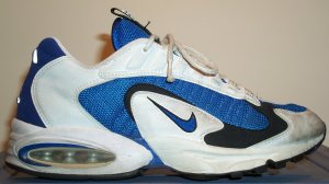 Nike Air Max Triax running shoe, 1996 version; white, blue, and black Nike Air Max Triax running shoe, 1996 version; white, blue, and black