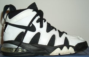 Nike Air Strong mid-top basketball shoe, white with black trim and SWOOSH Nike Air Strong mid-top basketball shoe, white with black trim and SWOOSH