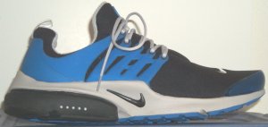 Nike Air Presto running shoe, black with black swoosh and blue Engineered Support Cage Nike Air Presto running shoe, black with black swoosh and blue Engineered Support Cage
