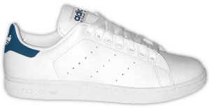 The adidas Stan Smith tennis shoe, white leather with dark blue trim The adidas Stan Smith tennis shoe, white leather with dark blue trim