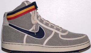 Nike Vandal high-top shoe: khaki with (blue and white) SWOOSH, (blue, yellow, and red) ankle strap